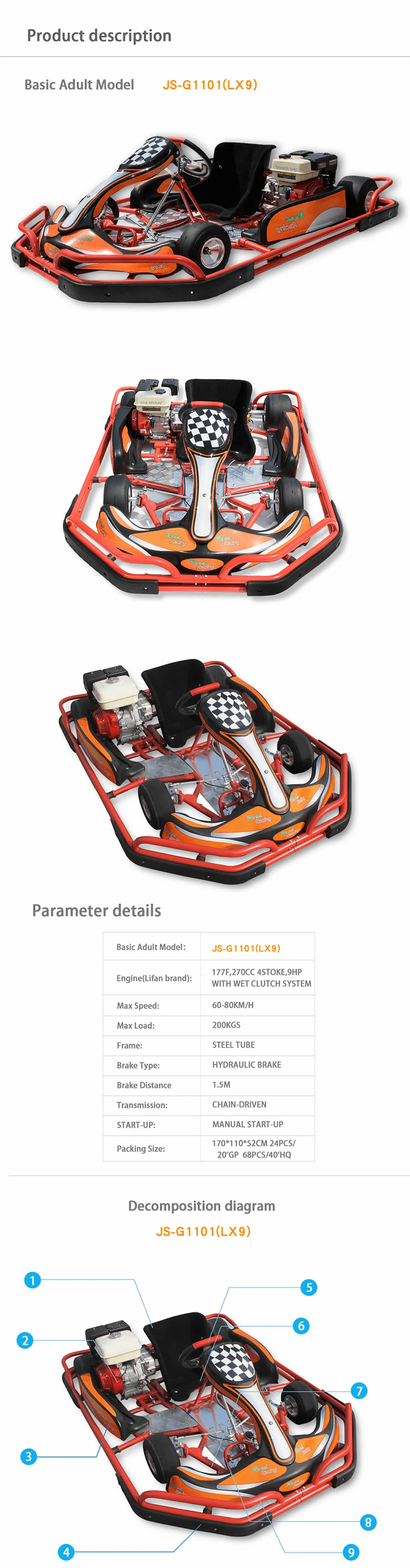 Hot Sale! Amusement Park Electric Start Racing Adult Gas Pedal Go Kart